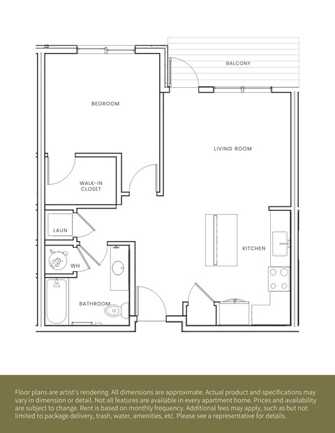 Floor plan for 1 bed, 1 bath, 686 sqft